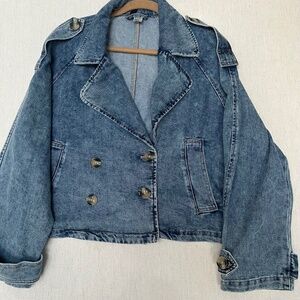 H&M Short Twill Denin Blue Double-Breasted Pea Coat Large Buttons Pockets